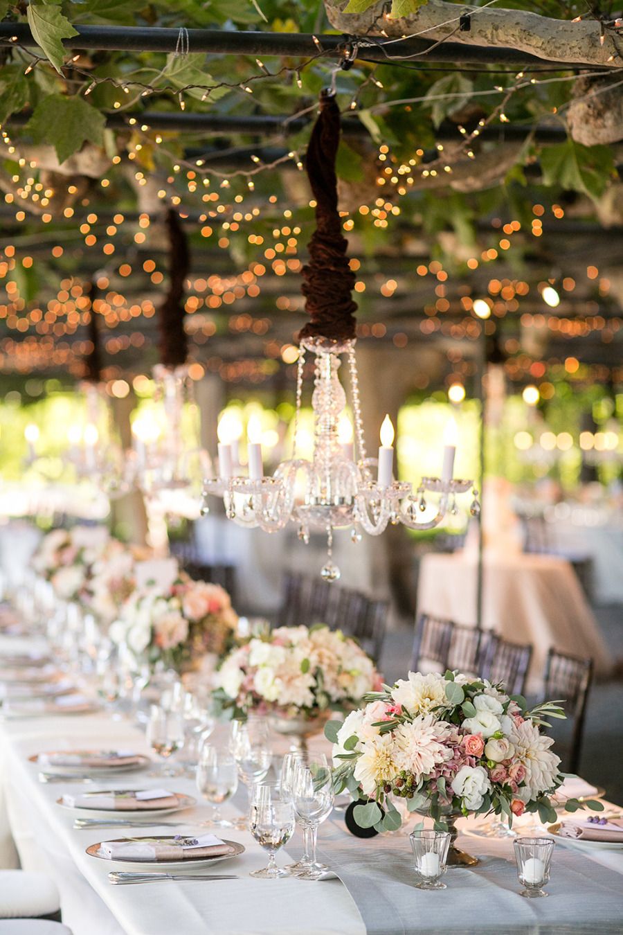 Wedding Lighting Design by Got Light in Style Me Pretty. Outdoor Chandelier, Crystal Chic Collection. Beaulieu Garden in Napa Valley, Paula LeDuc Catering. Larissa Cleveland Photography.