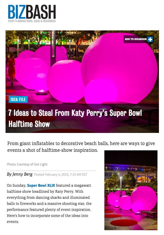Got Light's Inflate Collection is featured on BizBash as steal-worthy event lighting design inspiration from Katy Perry's Super Bowl Halftime Show!